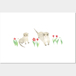 Baby Otters and Red Tulips Posters and Art